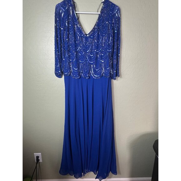 NWT J Kara Women's V-Neck 3/4 Sleeve Scalloped Beaded Mock Dress, Royal/Multi, 4 - Picture 7 of 8